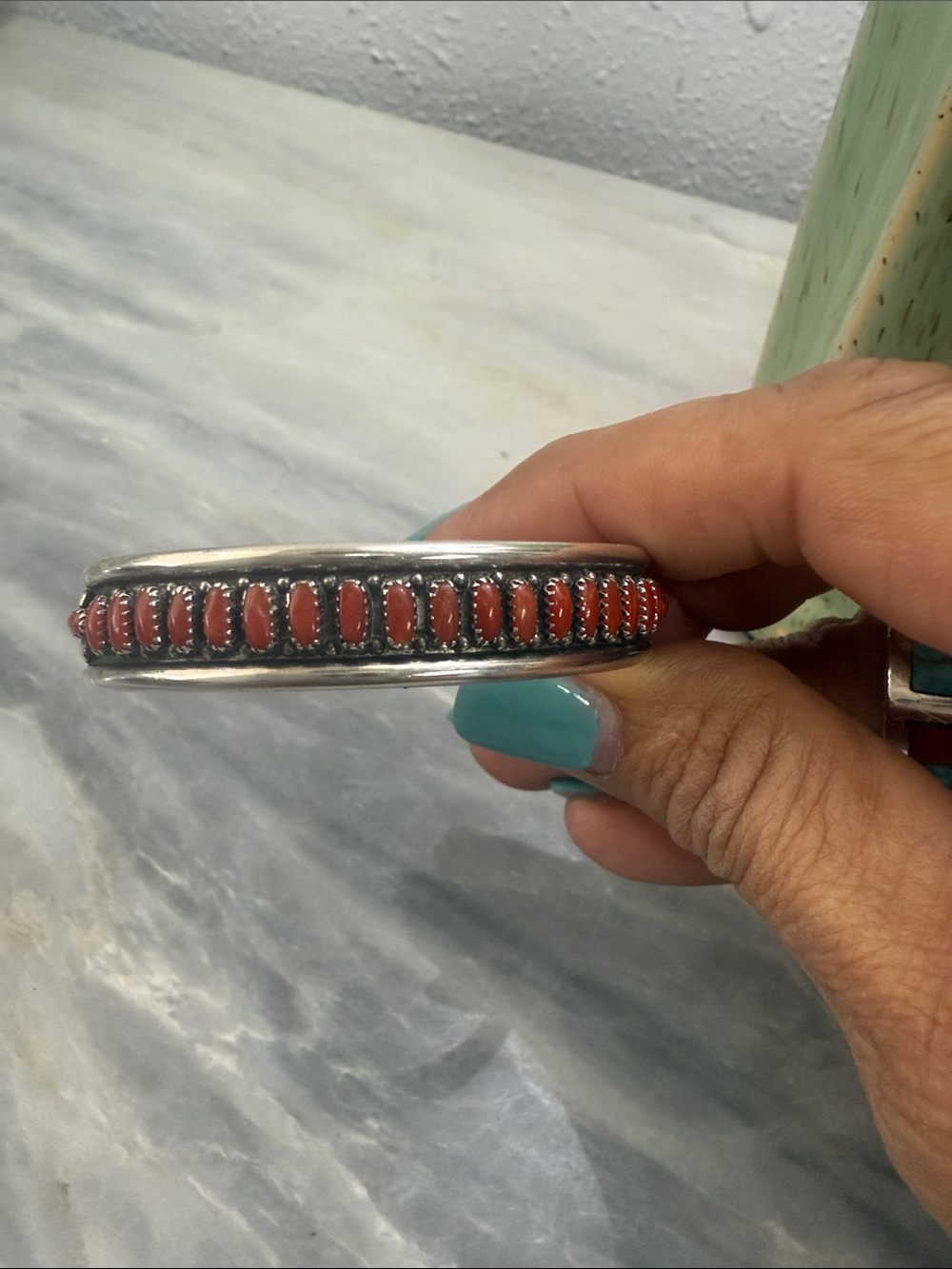 Silver Bracelet with Coral-Red Stone Accents